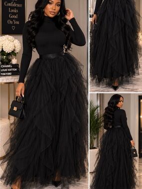 Chic Black Layered Tulle Maxi Skirt -